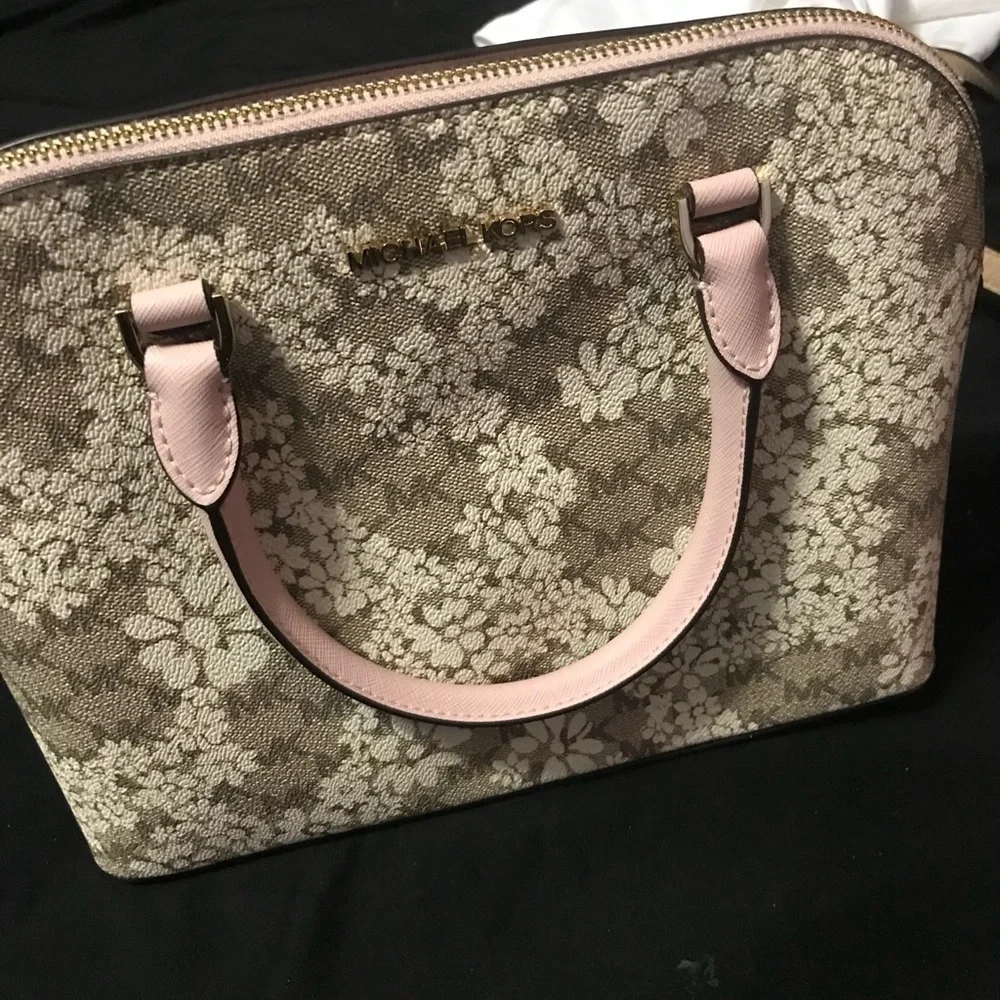 Michael Kors Beige Floral Logo Satchel with Pink Trim